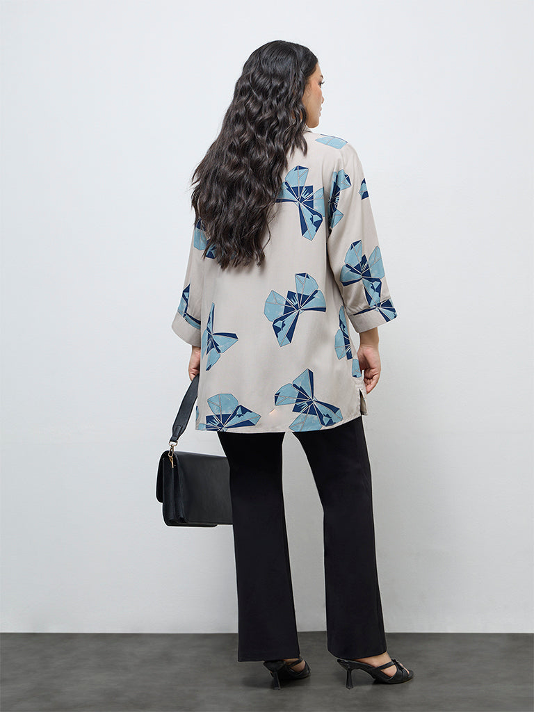 Diza Beige Butterfly Printed High-Low Tunic