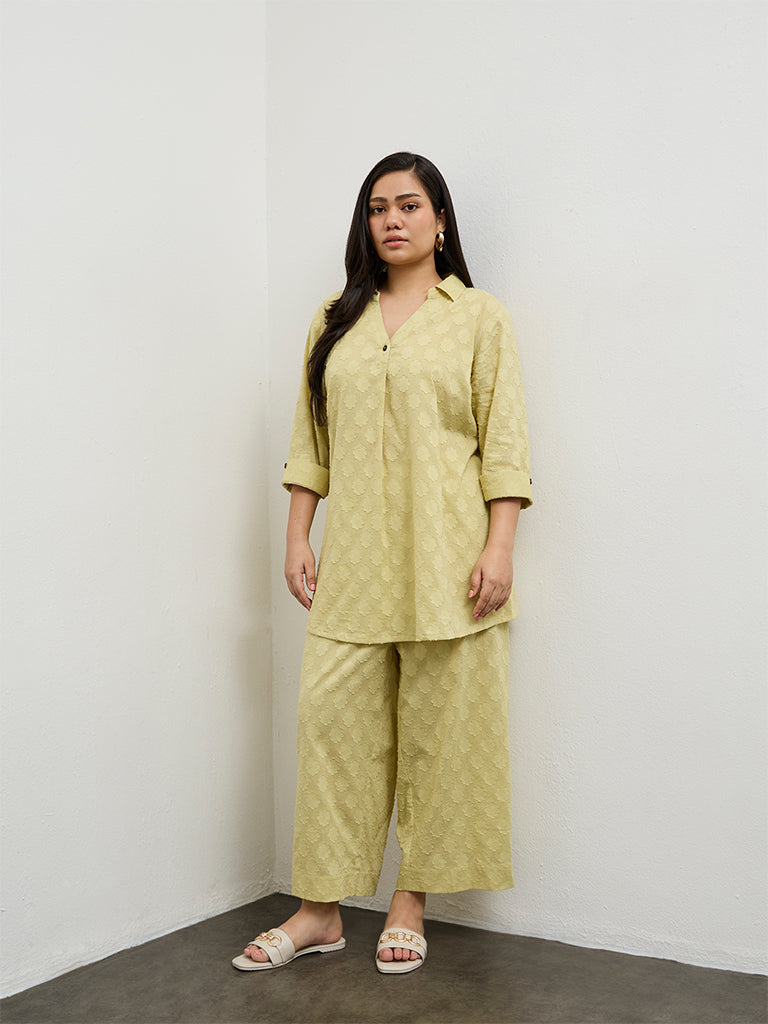 Diza Lime Floral Textured A-Line Cotton Tunic