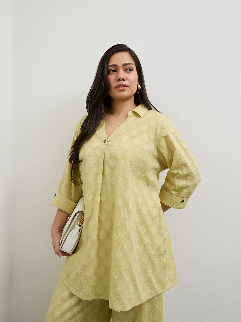 Diza Lime Floral Textured A-Line Cotton Tunic