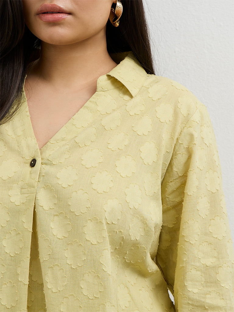 Diza Lime Floral Textured A-Line Cotton Tunic