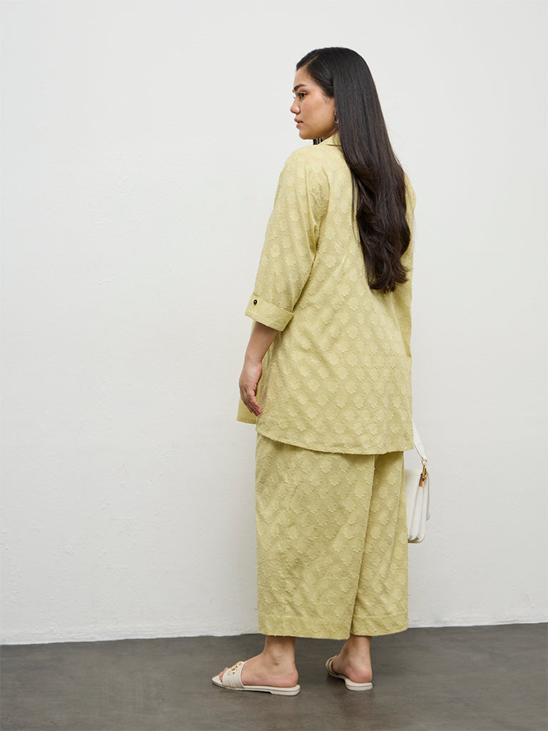 Diza Lime Floral Textured A-Line Cotton Tunic