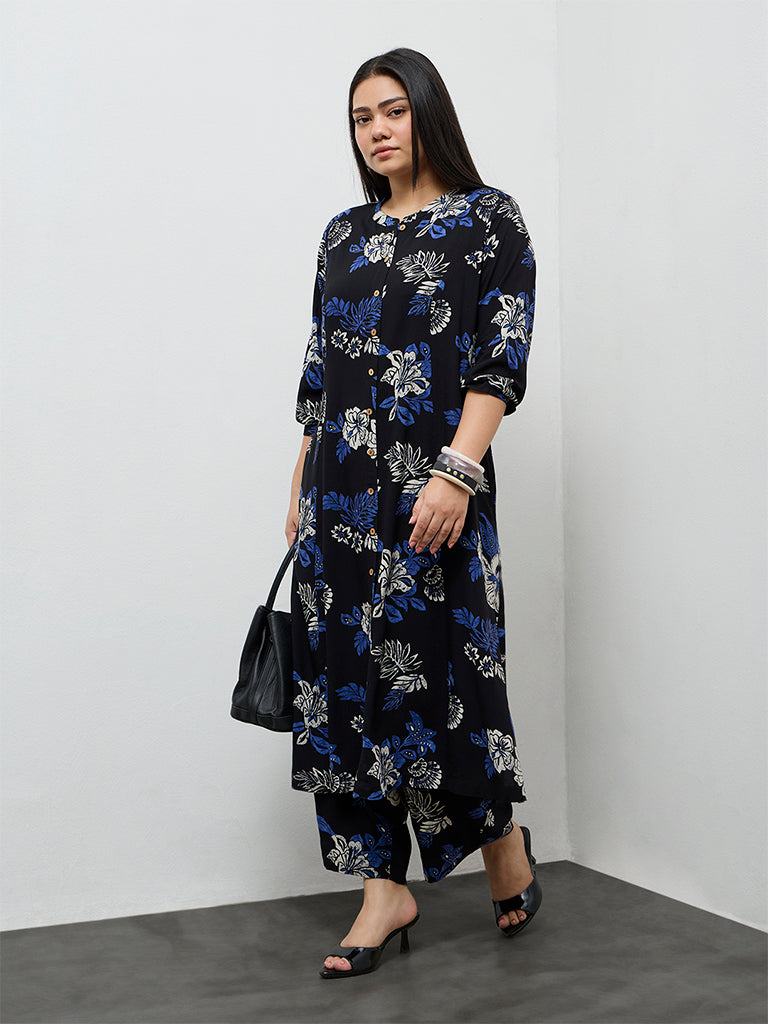 Diza Black Botanical Printed A-Line Kurta