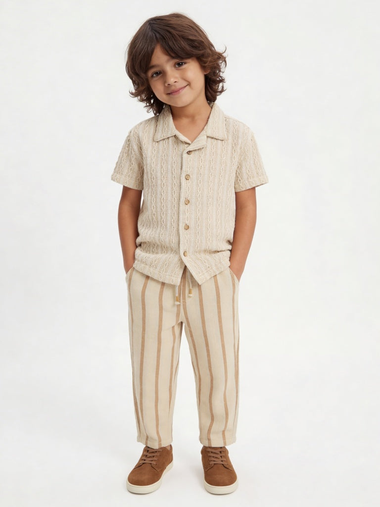 HOP Kids Boys Light Beige Embroidered Cotton-Blend Shirt