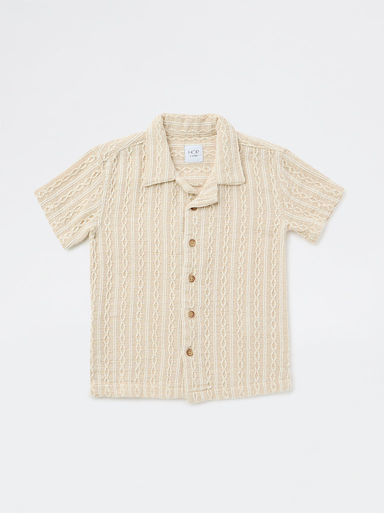 HOP Kids Boys Light Beige Embroidered Cotton-Blend Shirt