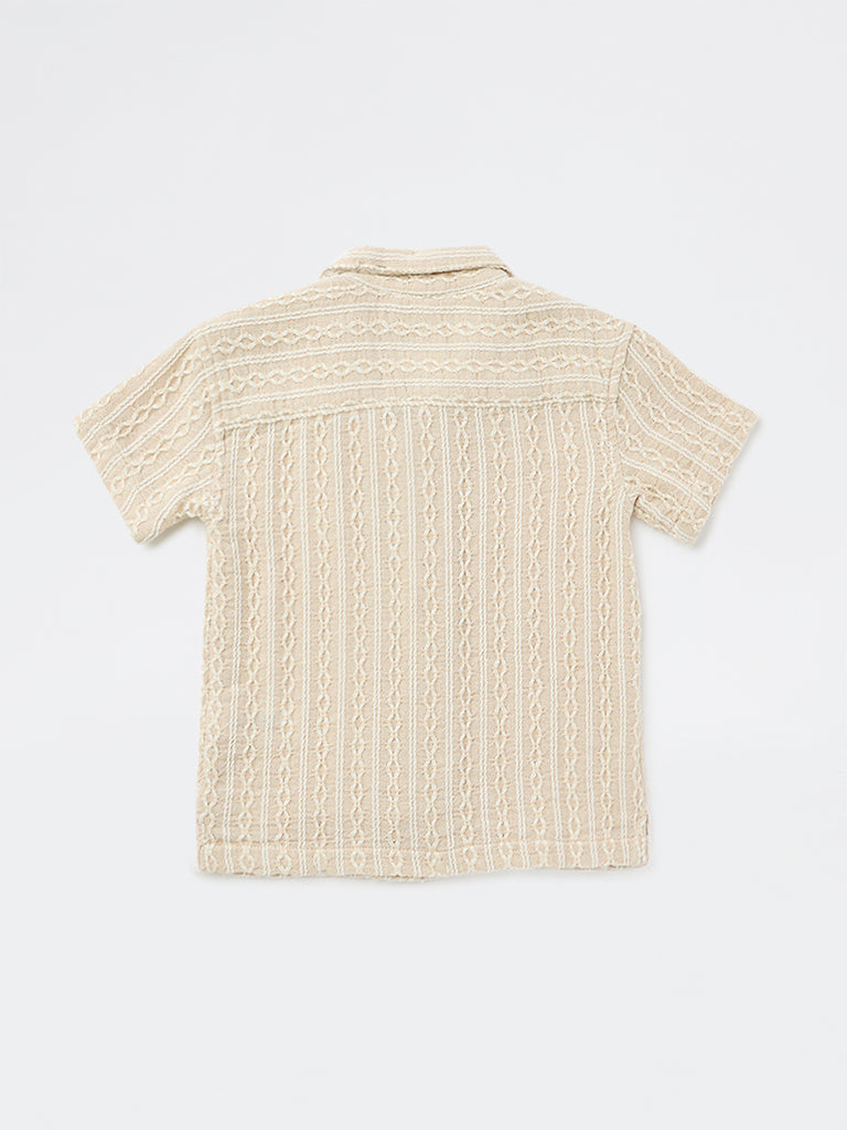 HOP Kids Boys Light Beige Embroidered Cotton-Blend Shirt