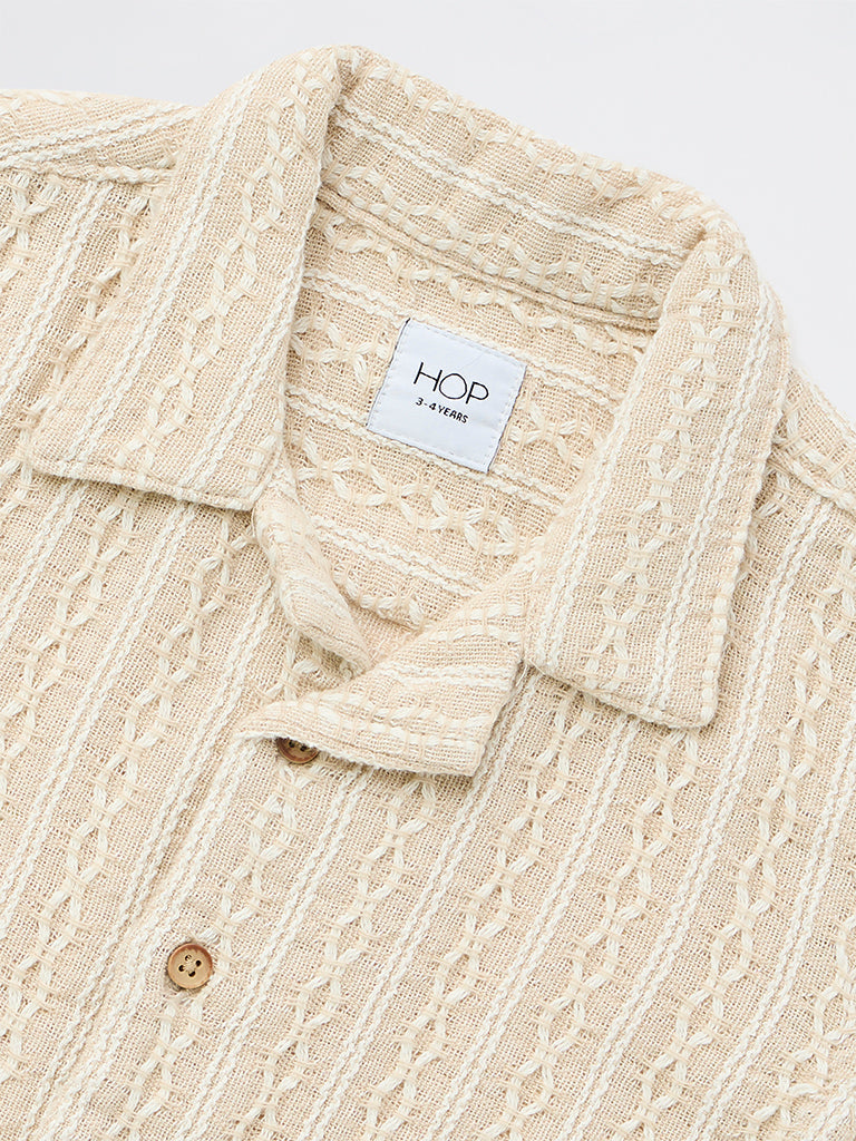 HOP Kids Boys Light Beige Embroidered Cotton-Blend Shirt