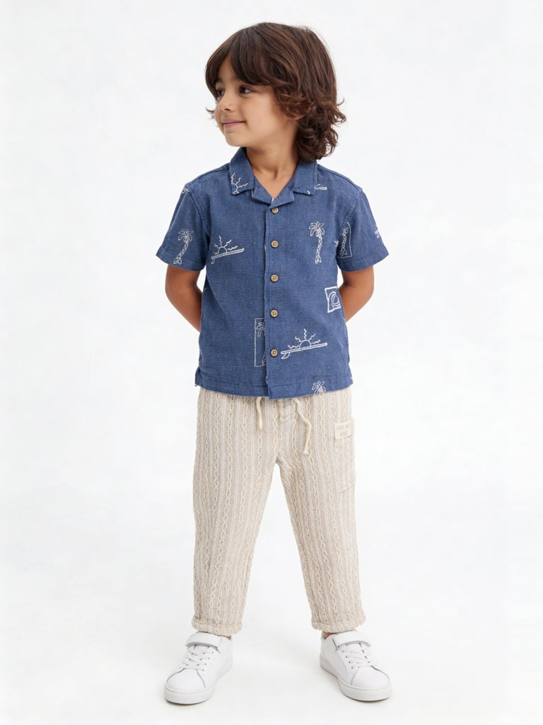 HOP Kids Boys Navy Embroidered Cotton Shirt