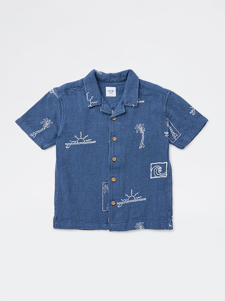 HOP Kids Boys Navy Embroidered Cotton Shirt