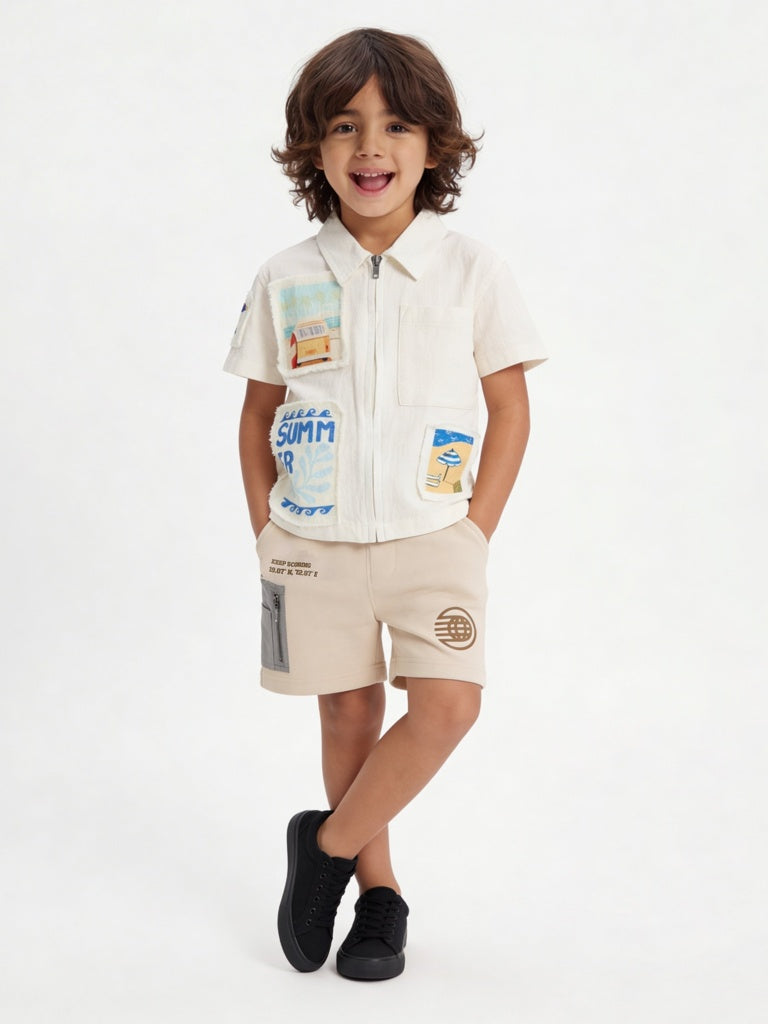 HOP Kids Boys Off-White Printed Cotton Shirt