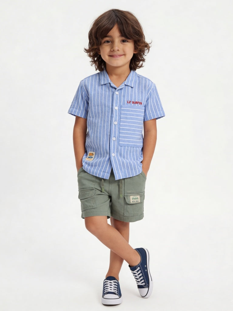 HOP Kids Boys Blue Pinstriped Cotton-Blend Shirt