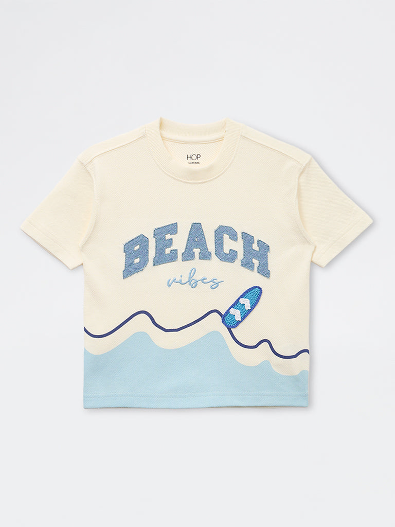 HOP Kids Boys Off-White Beach-Inspired Cotton T-Shirt