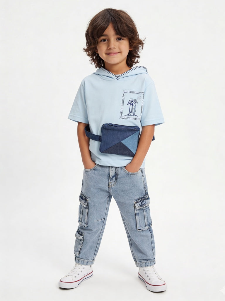 HOP Kids Boys Blue Pouch-Detailed Hooded Cotton T-Shirt