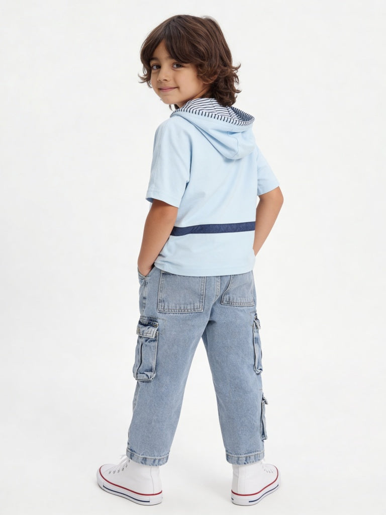 HOP Kids Boys Blue Pouch-Detailed Hooded Cotton T-Shirt
