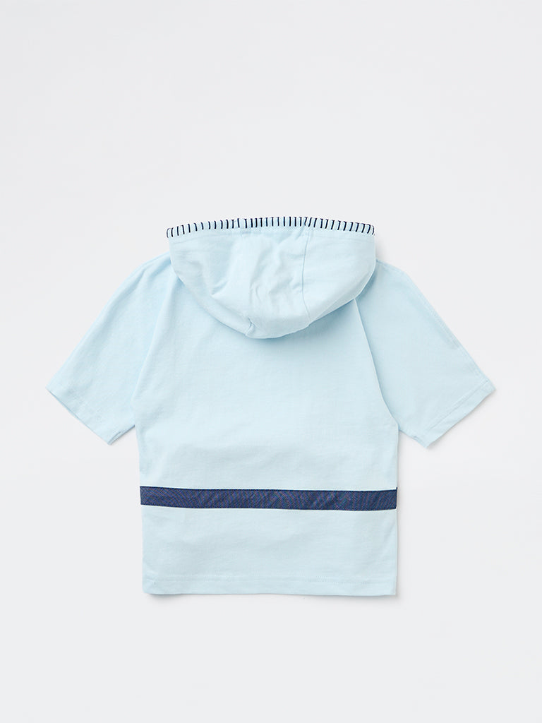 HOP Kids Boys Blue Pouch-Detailed Hooded Cotton T-Shirt