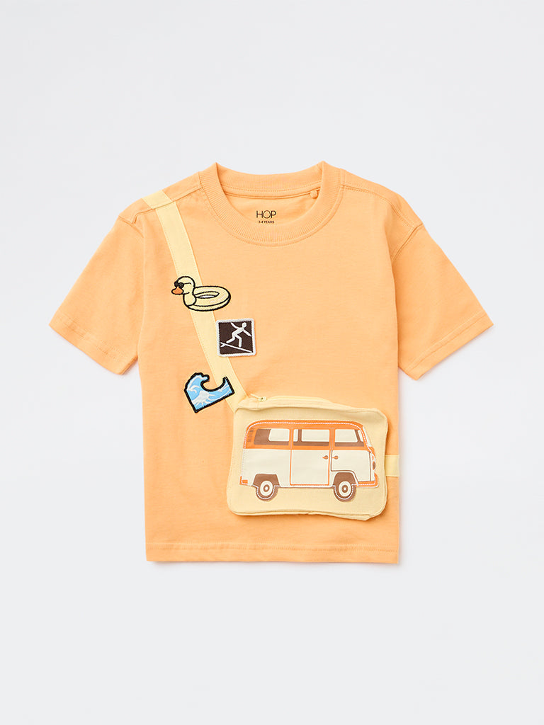 HOP Kids Boys Orange Pouch-Detailed Cotton T-Shirt