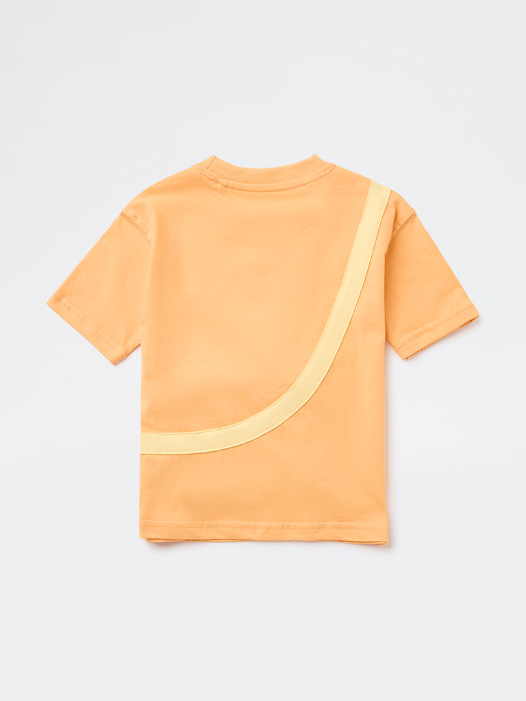 HOP Kids Boys Orange Pouch-Detailed Cotton T-Shirt