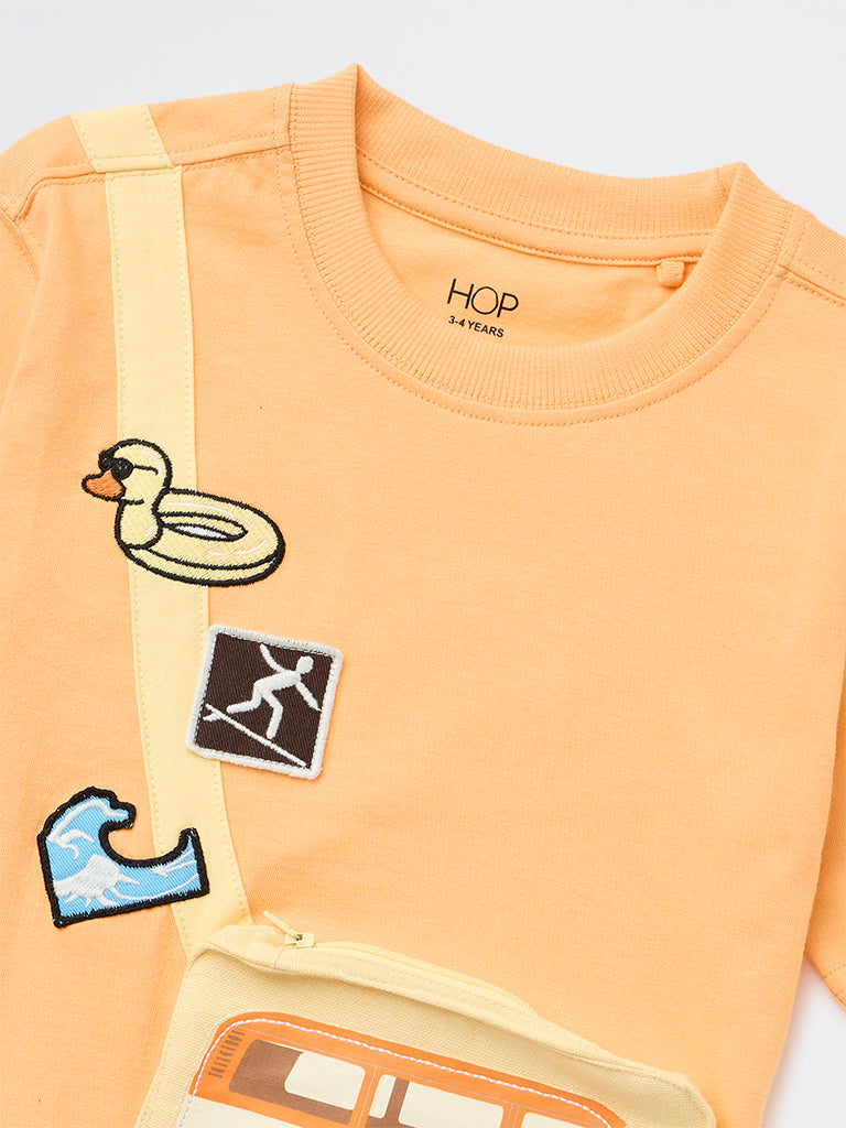 HOP Kids Boys Orange Pouch-Detailed Cotton T-Shirt