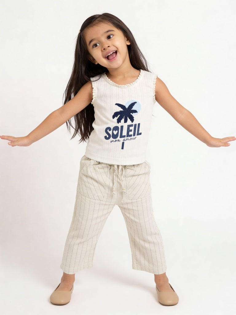 HOP Kids Girls Off-White Stripe-Pattern Mid-Rise Pants