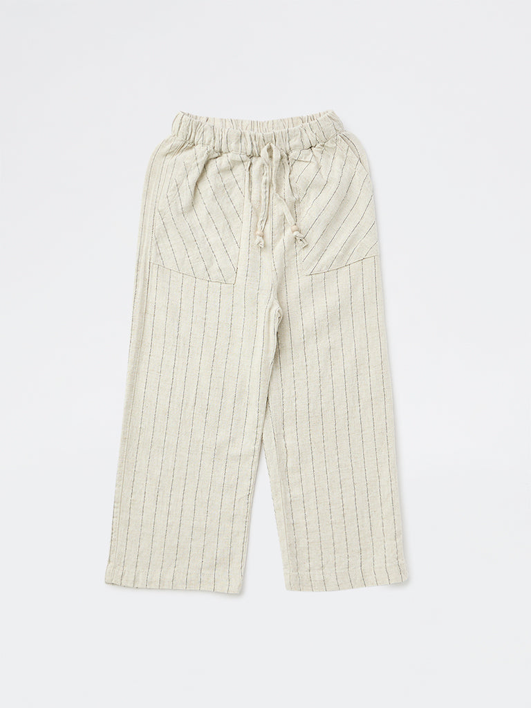 HOP Kids Girls Off-White Stripe-Pattern Mid-Rise Pants
