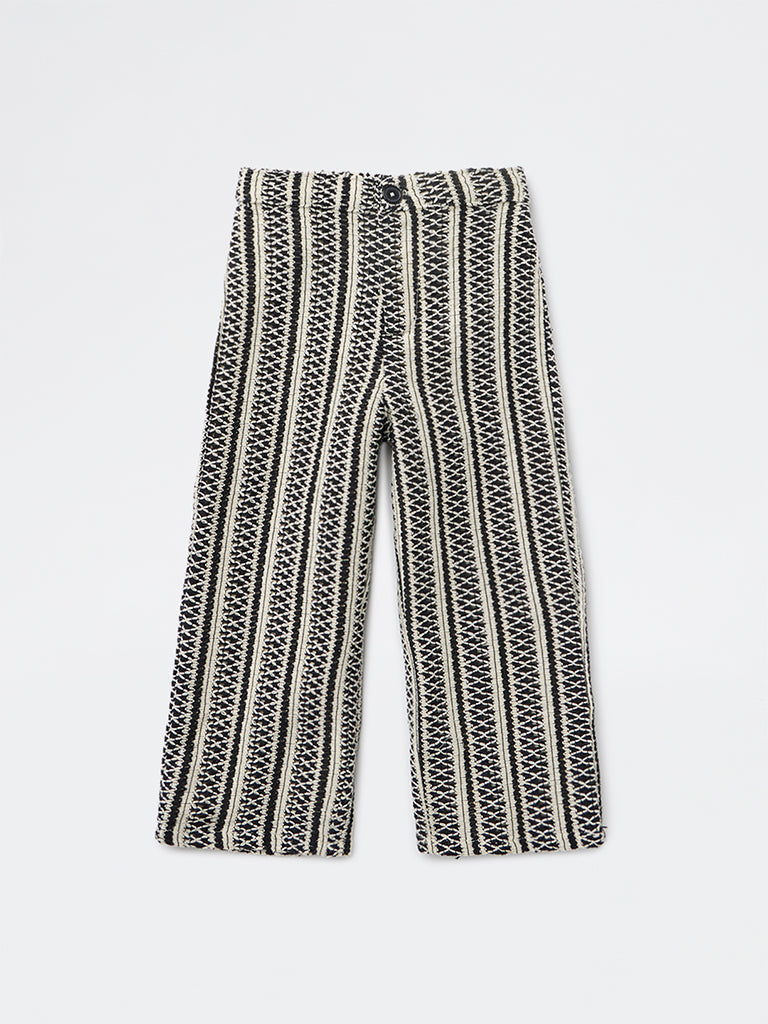 HOP Kids Girls Black Striped Knit Textured High-Rise Pants