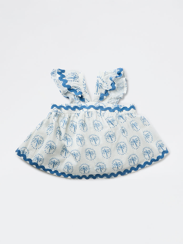 HOP Kids Girls Blue Tropical Printed Cotton Dress