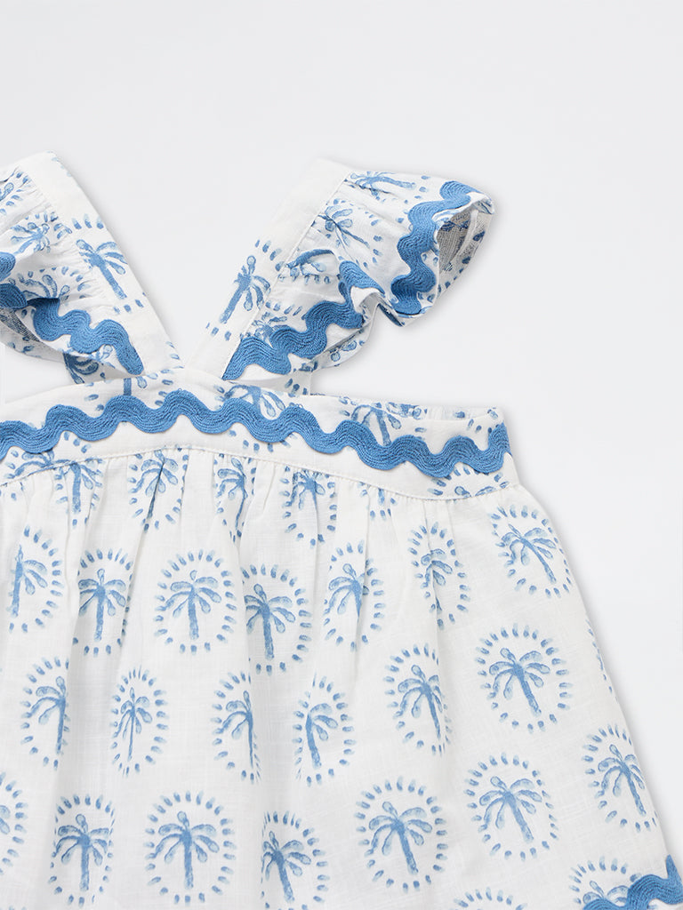HOP Kids Girls Blue Tropical Printed Cotton Dress