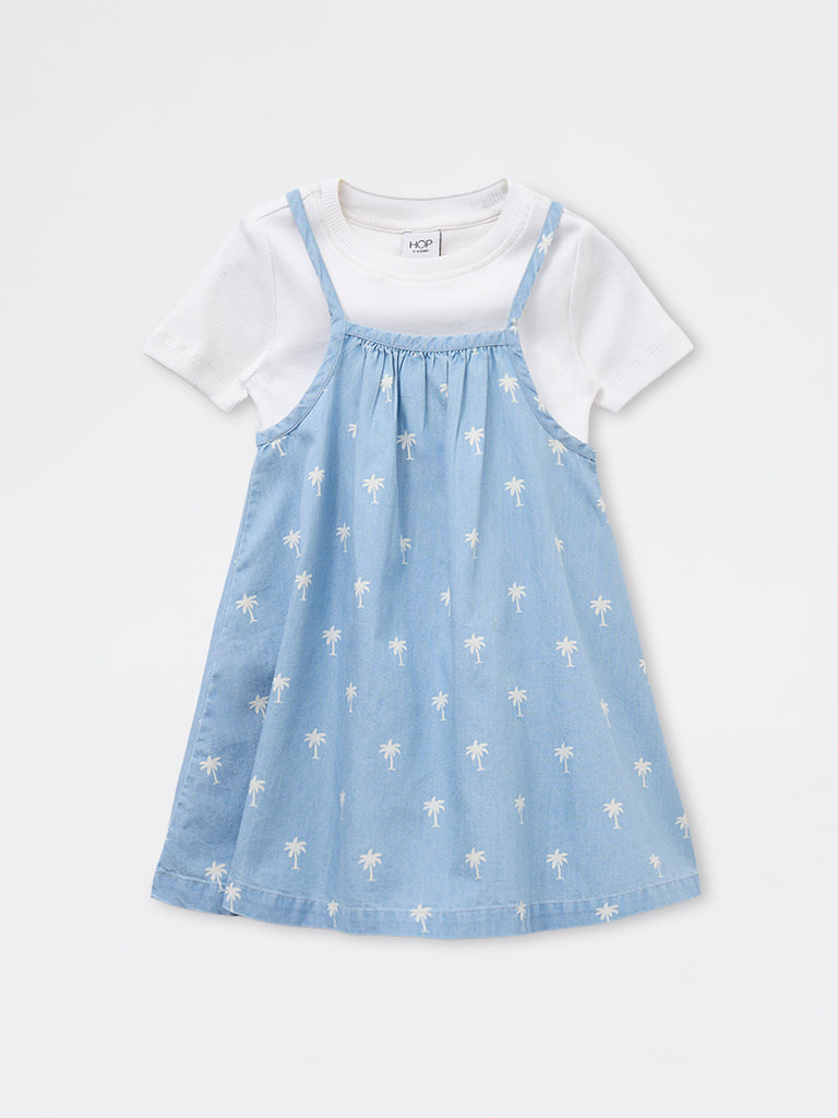 HOP Kids Girls Blue Printed Denim Pinafore and T-Shirt Set