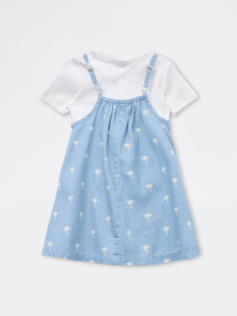 HOP Kids Girls Blue Printed Denim Pinafore and T-Shirt Set