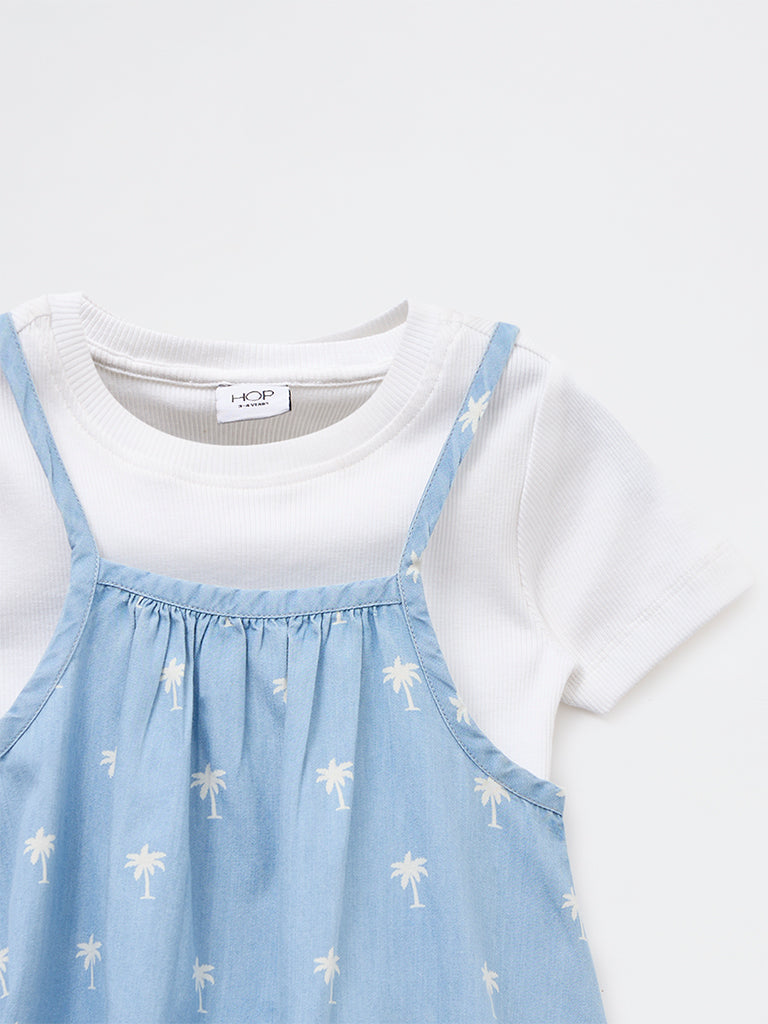 HOP Kids Girls Blue Printed Denim Pinafore and T-Shirt Set