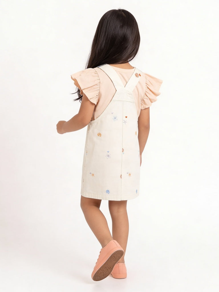 HOP Kids Girls Off-White Cotton Pinafore and T-Shirt Set