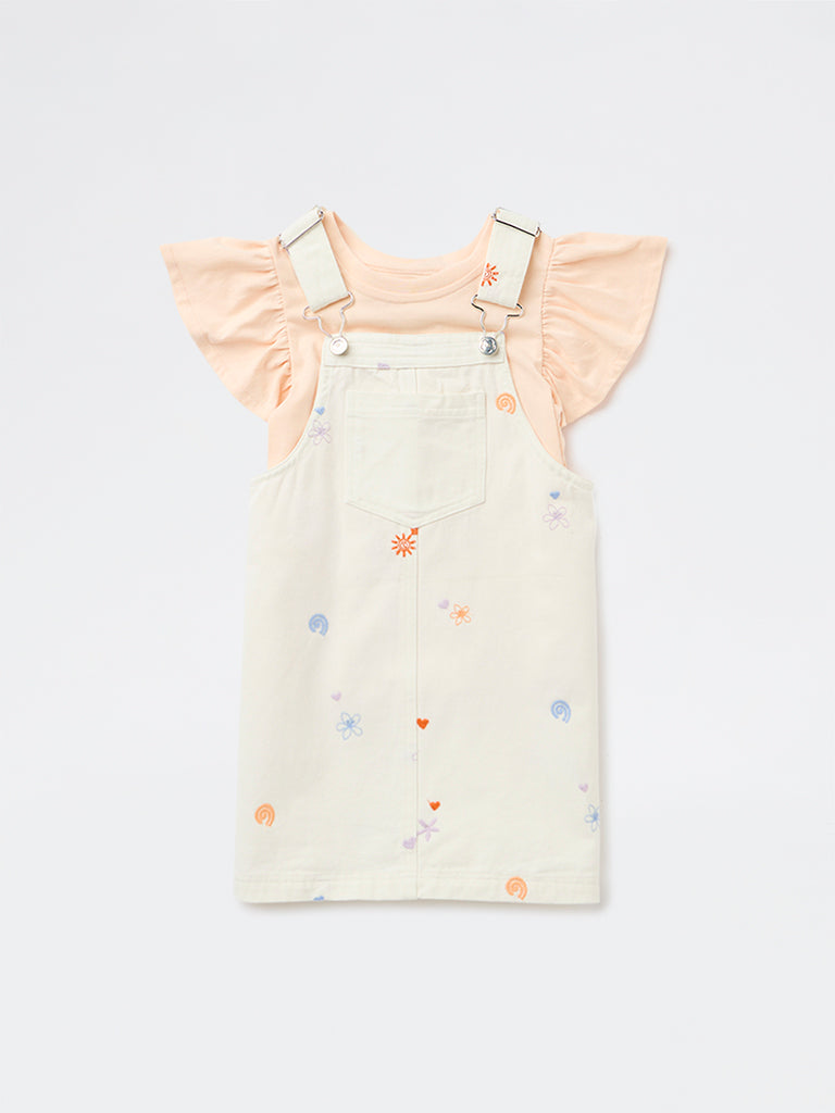 HOP Kids Girls Off-White Cotton Pinafore and T-Shirt Set