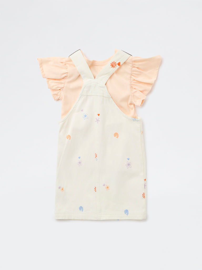 HOP Kids Girls Off-White Cotton Pinafore and T-Shirt Set