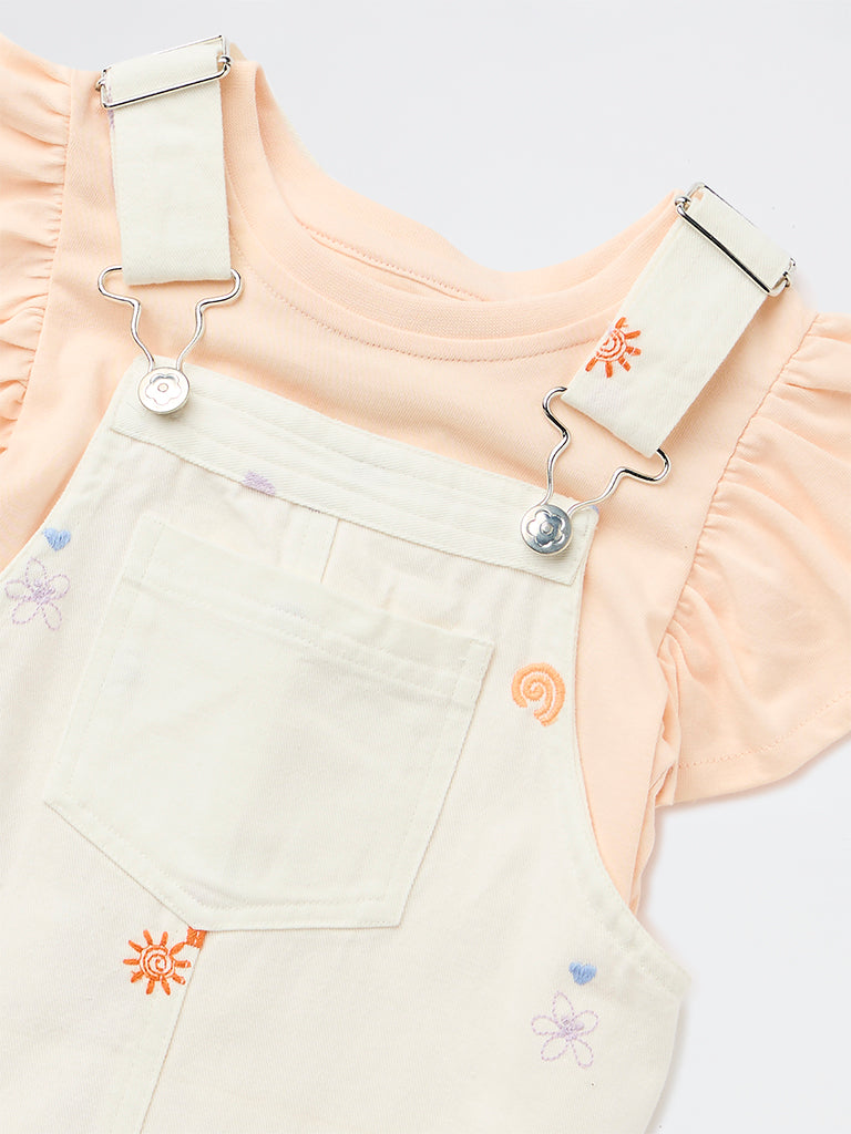HOP Kids Girls Off-White Cotton Pinafore and T-Shirt Set