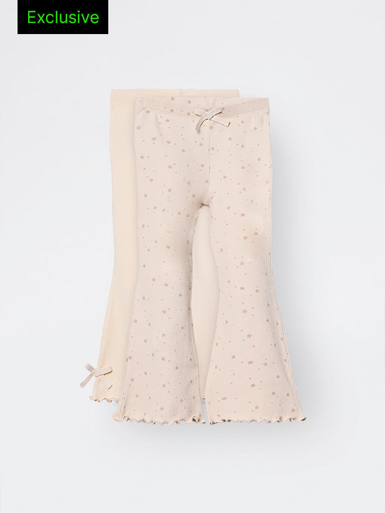 2-Pack HOP Kids Girls Beige Printed High-Rise Cotton-Blend Bootcut Pants - Exclusive