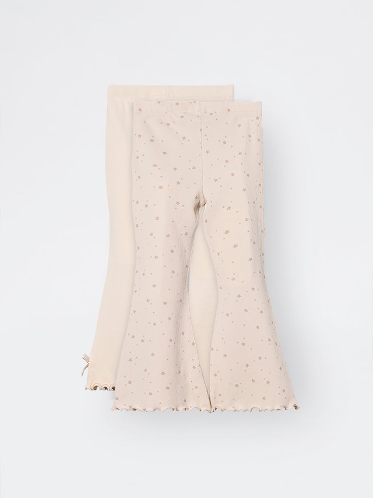 2-Pack HOP Kids Girls Beige Printed High-Rise Cotton-Blend Bootcut Pants - Exclusive