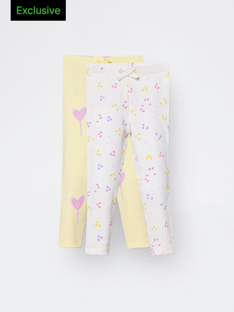 2-Pack HOP Kids Girls Yellow Printed High-Rise Cotton-Blend Pants - Exclusive