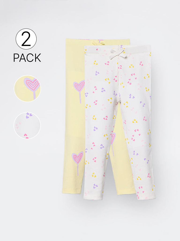 2-Pack HOP Kids Girls Yellow Printed High-Rise Cotton-Blend Pants - Exclusive