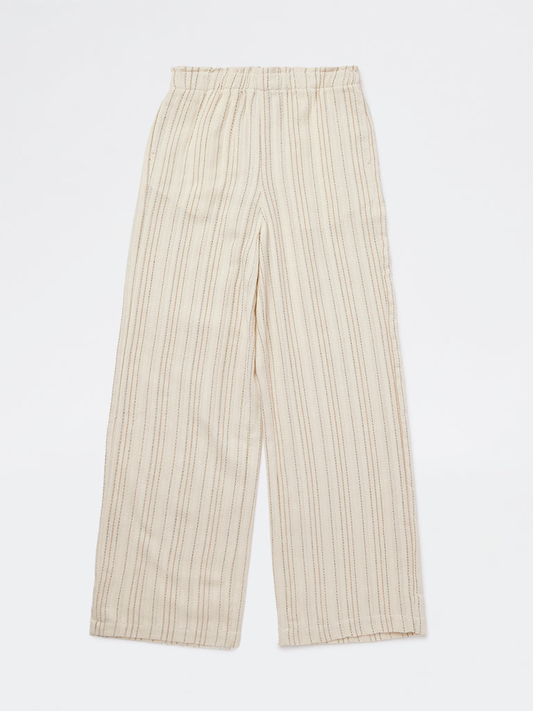 Girls Off-White Striped Mid-Rise Cotton-Blend Trousers