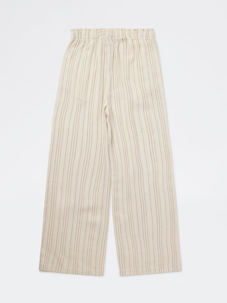 Girls Off-White Striped Mid-Rise Cotton-Blend Trousers