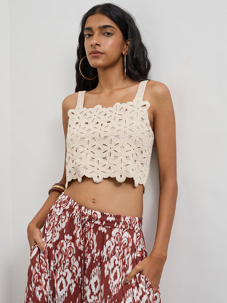 Bombay Paisley Off-White Crochet Embroidered Cotton Top