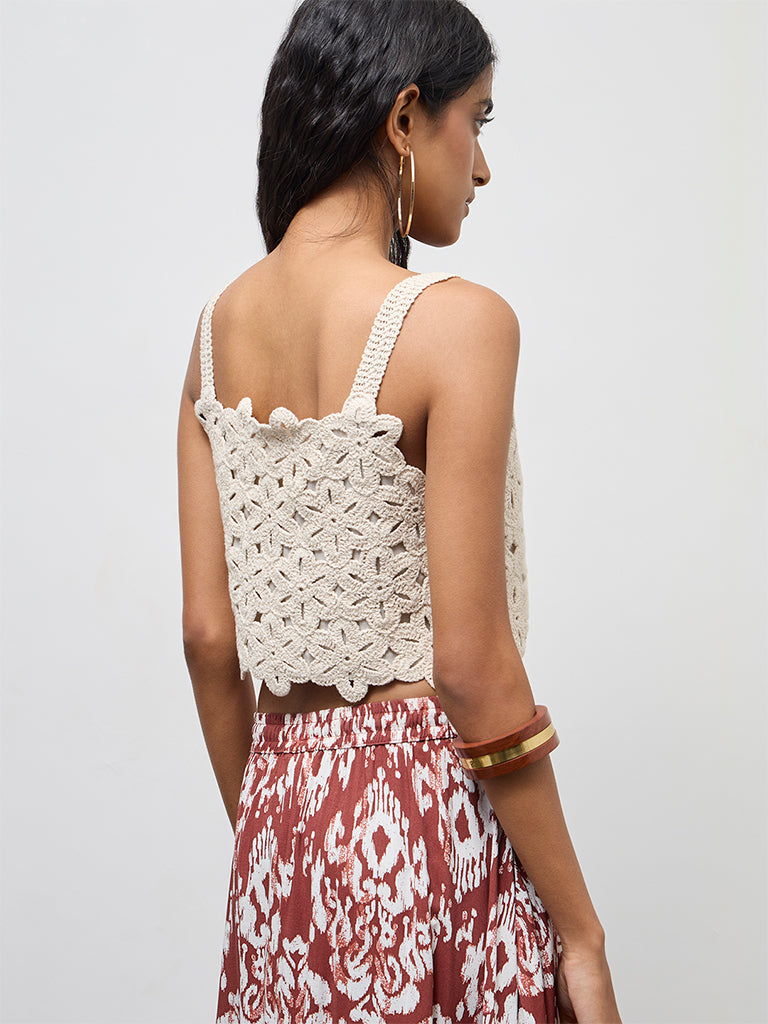 Bombay Paisley Off-White Crochet Embroidered Cotton Top