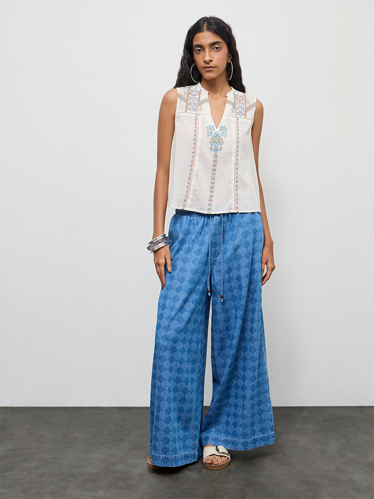 Bombay Paisley Off-White Aztec Embroidered Cotton Top