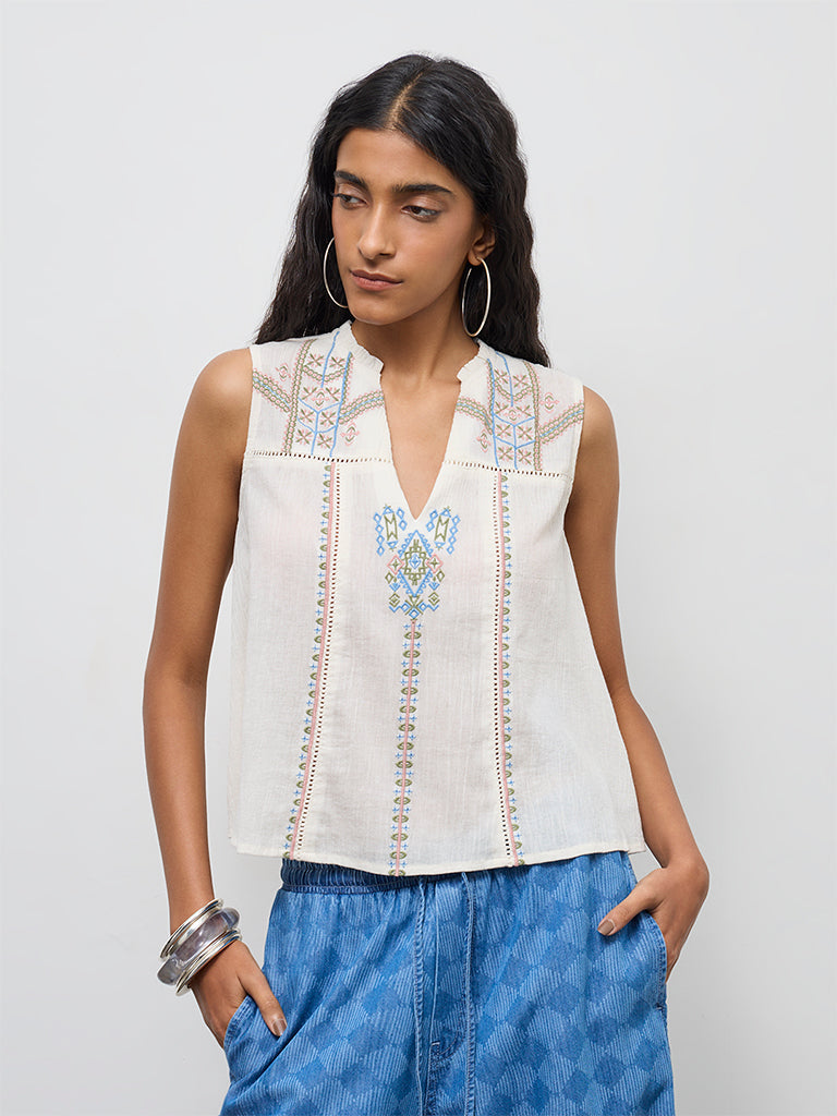 Bombay Paisley Off-White Aztec Embroidered Cotton Top