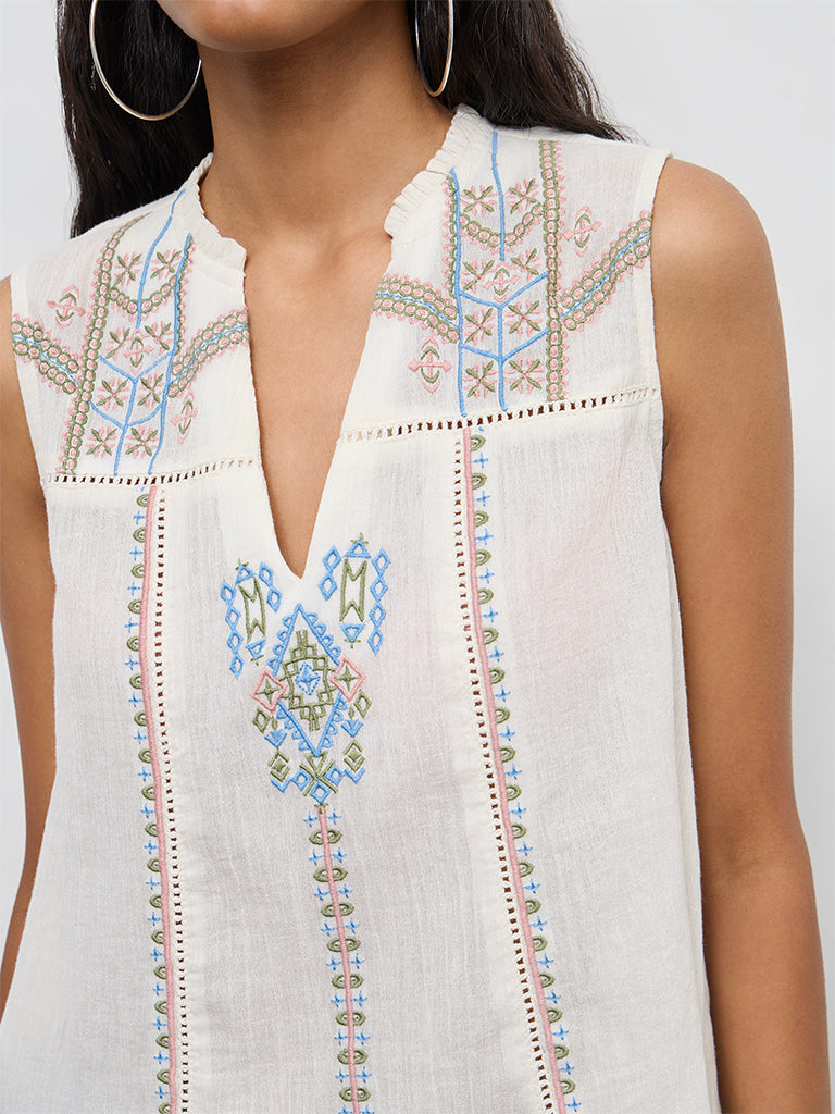 Bombay Paisley Off-White Aztec Embroidered Cotton Top