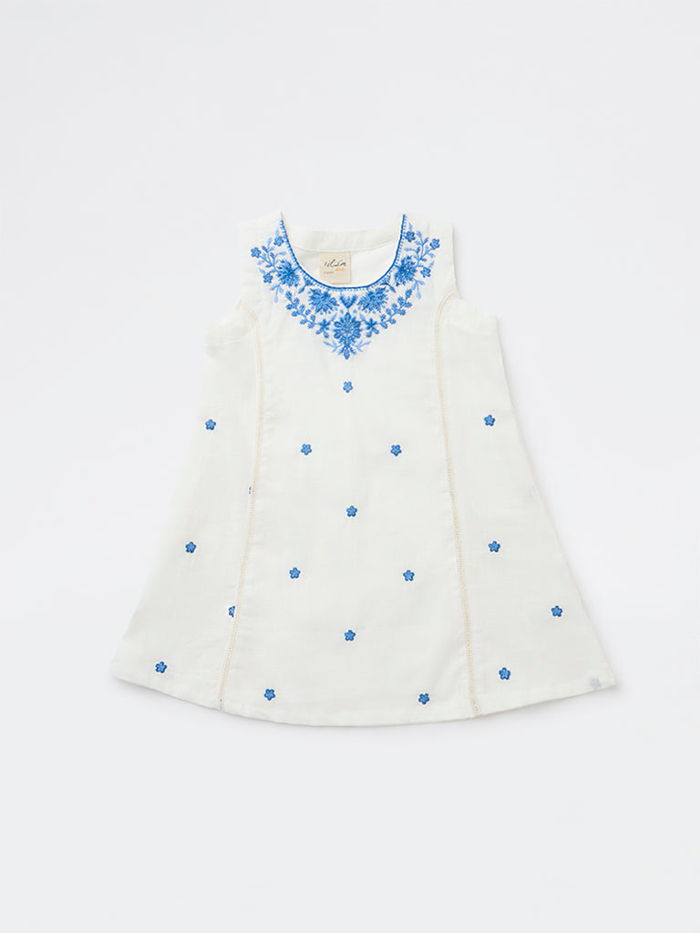 Utsa Kids Girls White Embroidered A-Line Cotton Dress - (2-8 yrs)
