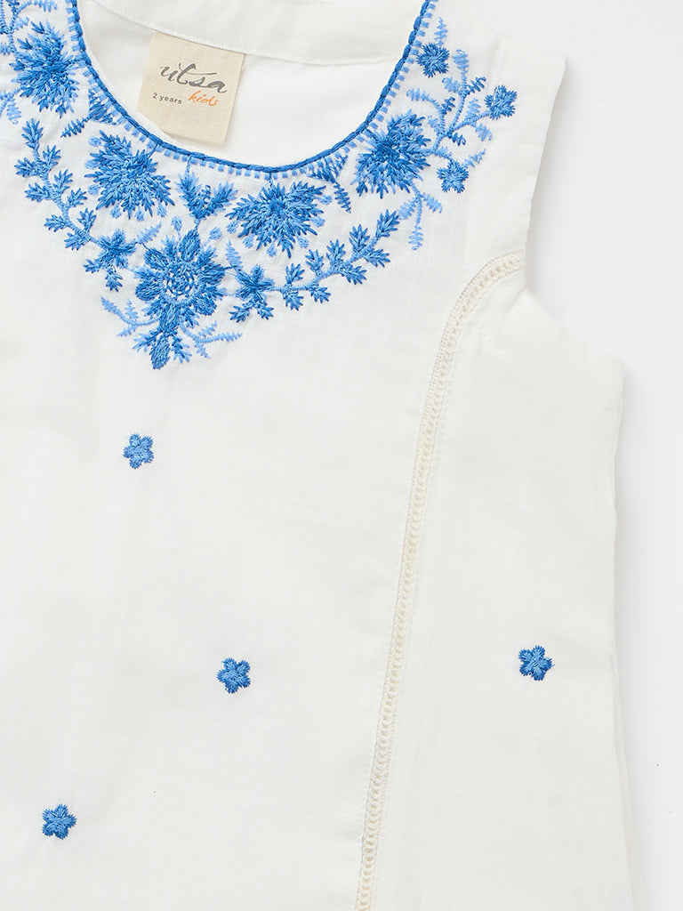 Utsa Kids Girls White Embroidered A-Line Cotton Dress - (2-8 yrs)