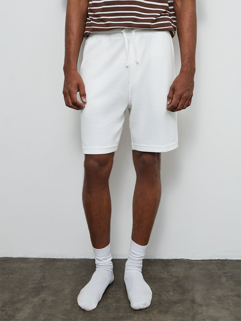 WES Lounge Off-White Waffle-Textured Relaxed-Fit Mid-Rise Cotton-Blend Shorts