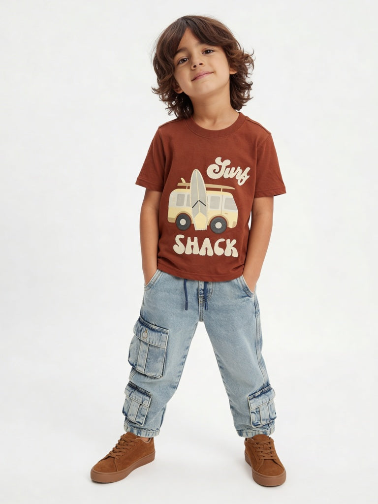 HOP Kids Boys Brown Printed Cotton T-Shirt