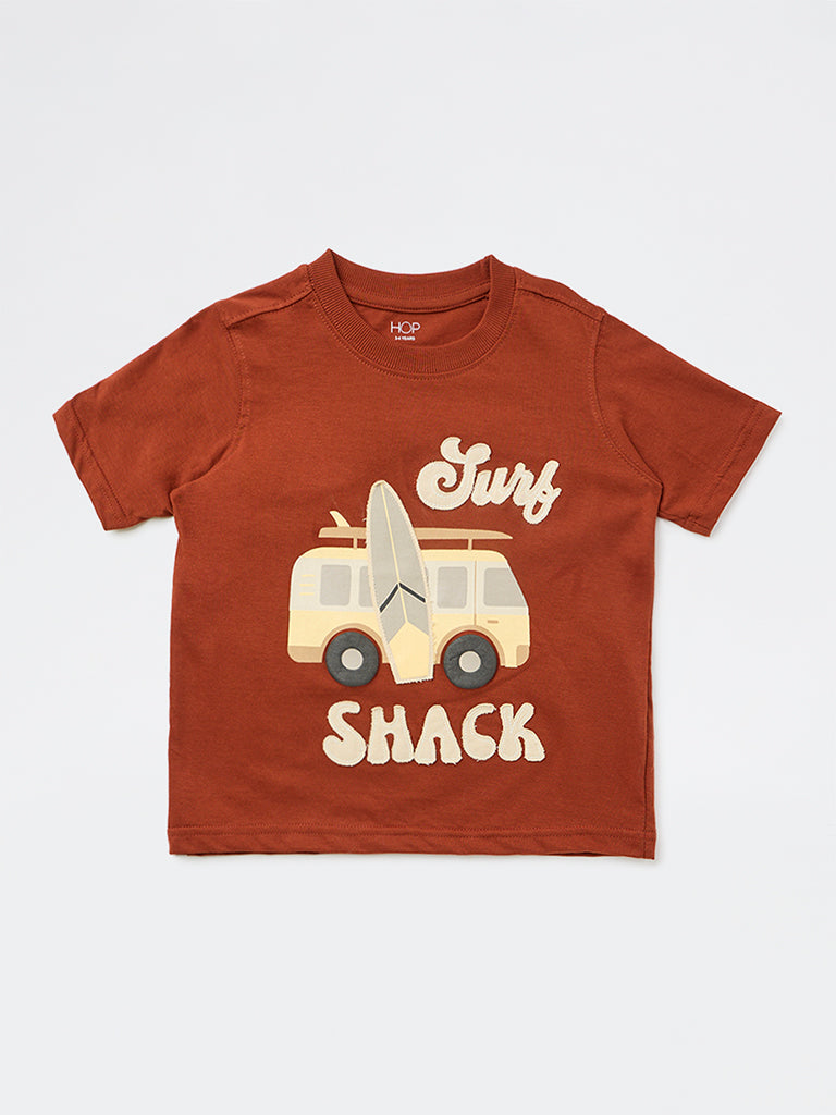 HOP Kids Boys Brown Printed Cotton T-Shirt