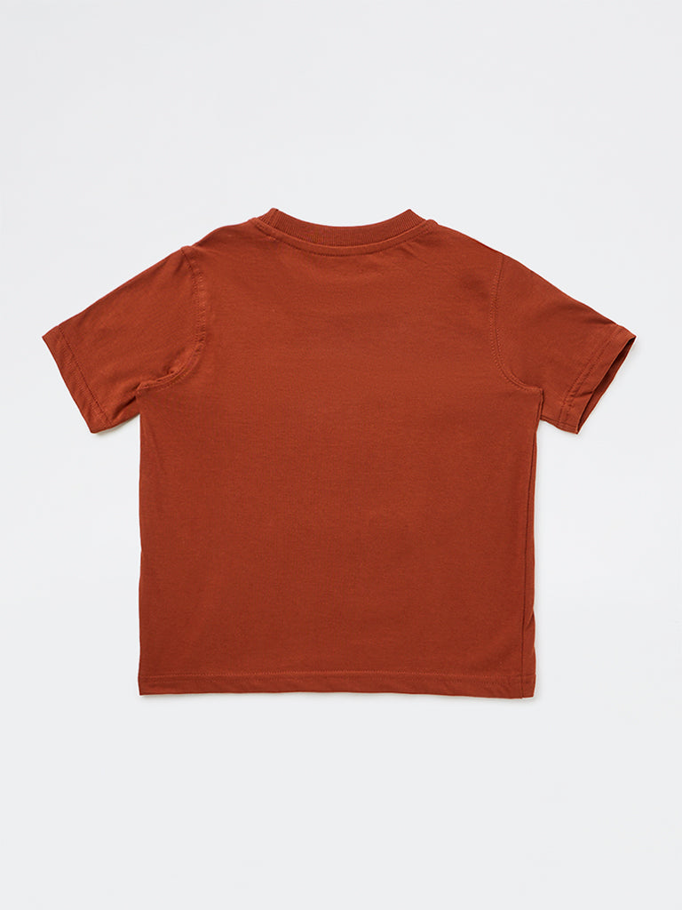 HOP Kids Boys Brown Printed Cotton T-Shirt